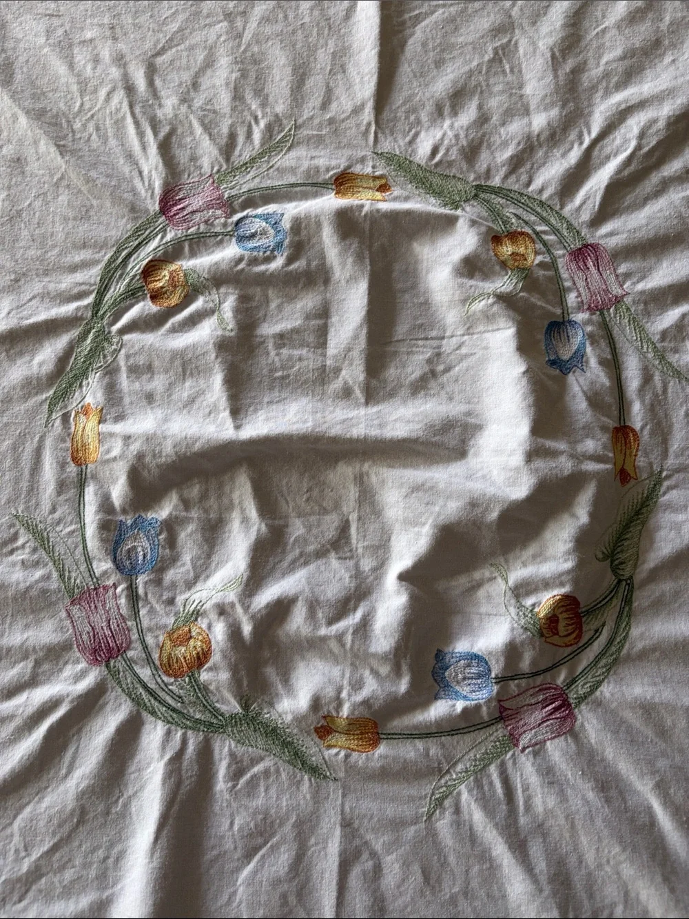 Vintage Embroidered Floral White Table Linen
